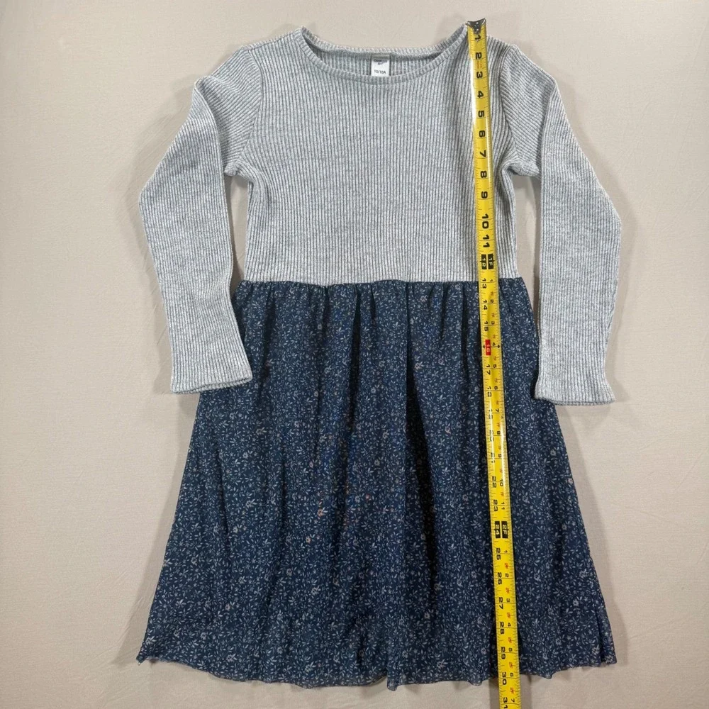 OshKosh Bgosh Girls Grey Ribbed Knit Navy Floral Long Sleeve Dress Size‎ 10 10A